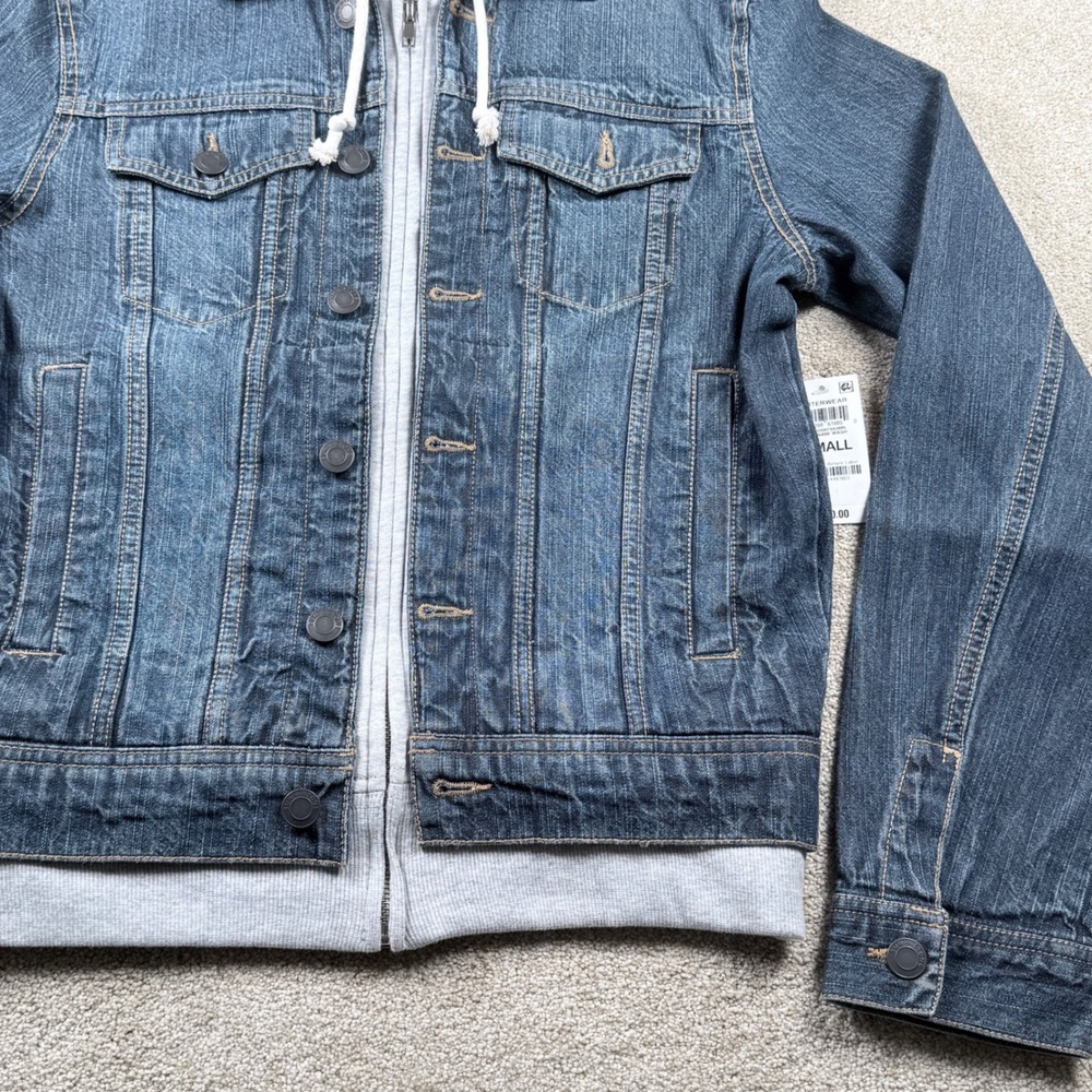 Sun + Stone Denim Jacket Men Small Blue Hooded Tsunami Wash New - Picture 3 of 9